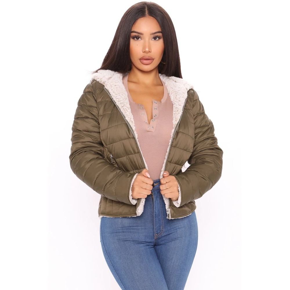 Reversible Split Second Puffer Jacket - Olive Siz… - image 1